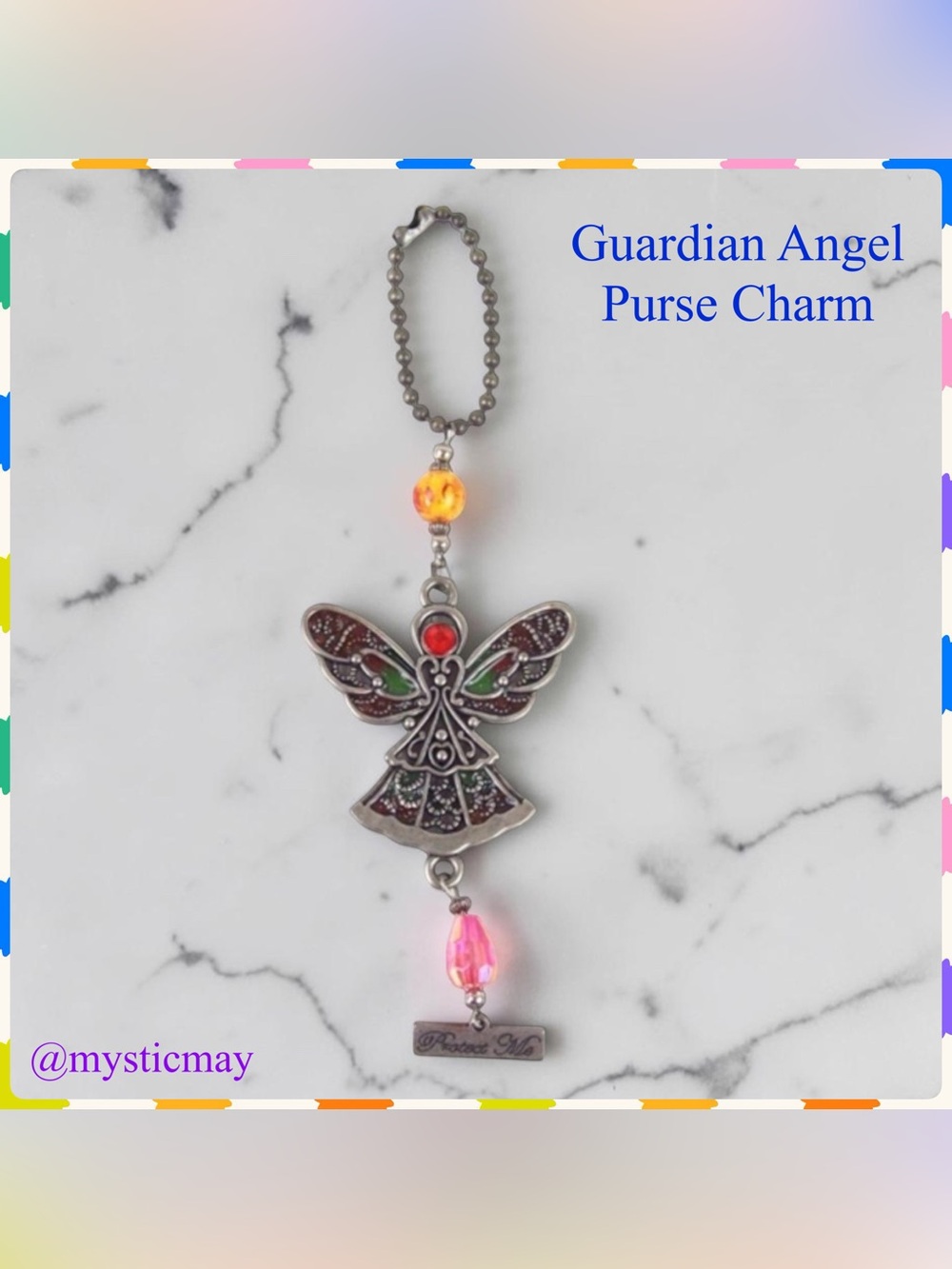 New Enameled Pewter GUARDIAN ANGEL PURSE CHARM Keychain Rearview Mirror Hanger